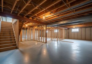 Unfinished basement interior with wooden framing and staircase